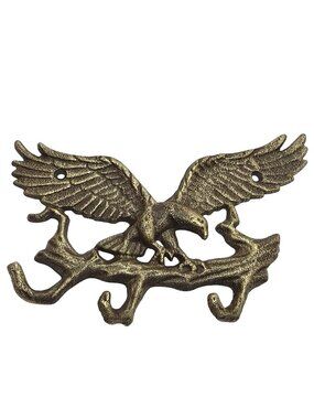 Cast Iron Eagle Triple Wall Hook Key Rack Rustic Brass Finish Patriotic